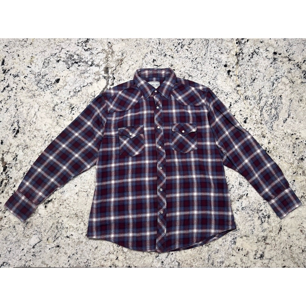 NWOT Wrangler Western Pearl Snap Flannel Shirt Men XL Burgundy White Blue Plaid